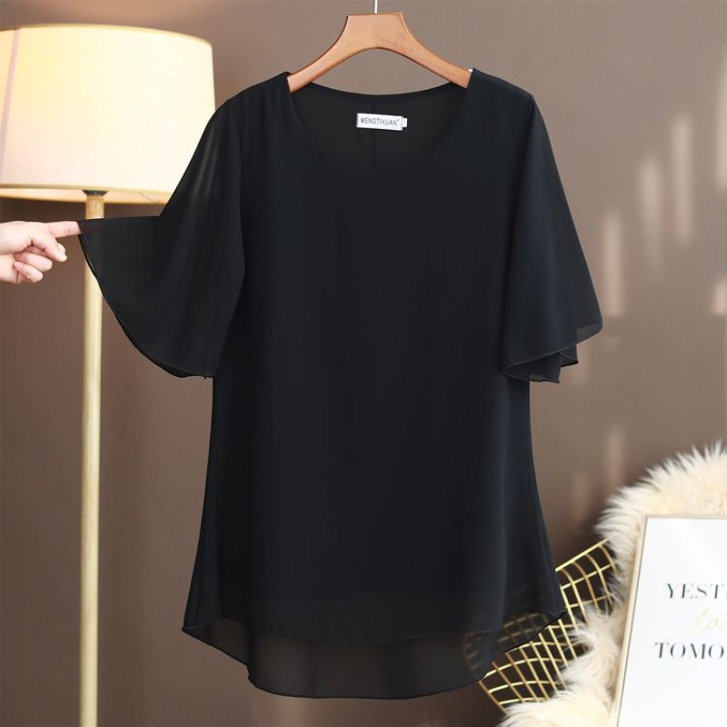 エレガントなプラスサイズのシルクブラウス半袖ラウンドネックル - Silk Blouse のレビューと価格