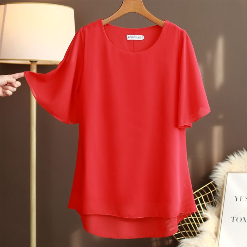 エレガントなプラスサイズのシルクブラウス半袖ラウンドネックル - Silk Blouse のレビューと価格