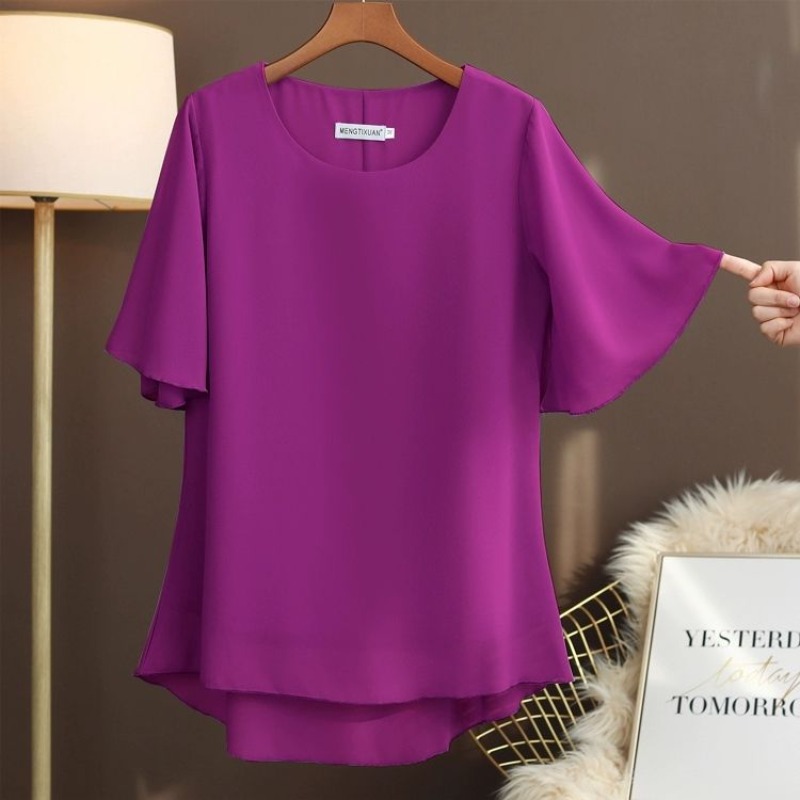 エレガントなプラスサイズのシルクブラウス半袖ラウンドネックル - Silk Blouse のレビューと価格