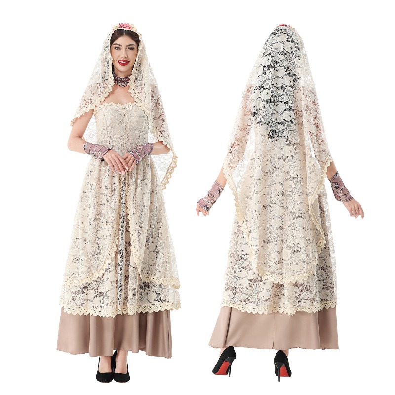 レースのベールが付いた、ストラップレスのフローラル柄ロングガ - Wedding Dress のレビューと価格