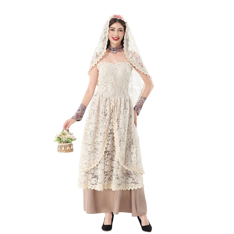 レースのベールが付いた、ストラップレスのフローラル柄ロングガ - Wedding Dress のレビューと価格