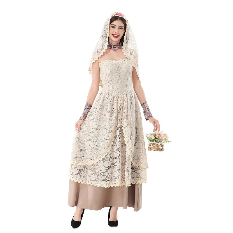 レースのベールが付いた、ストラップレスのフローラル柄ロングガ - Wedding Dress のレビューと価格