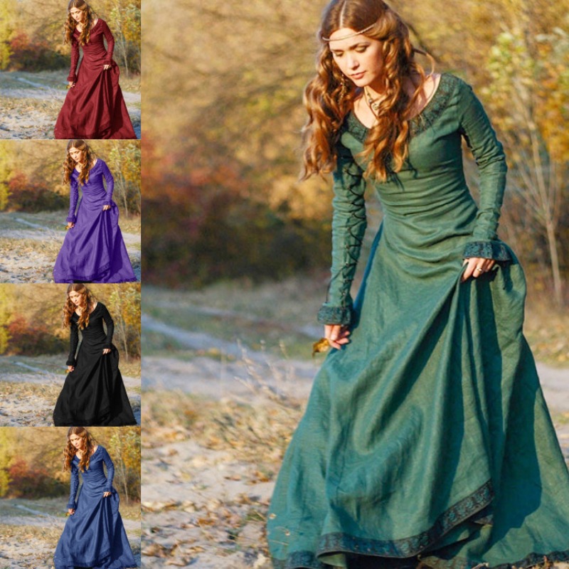 女性用、中世風ロングドレス、Vネック、長袖、レーストリム、床 - Lace Dress のレビューと価格