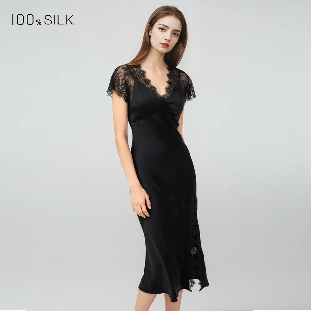 女性用セクシーレースシルクナイトドレス 19匁マルベリーシル - Lace Dress のレビューと価格
