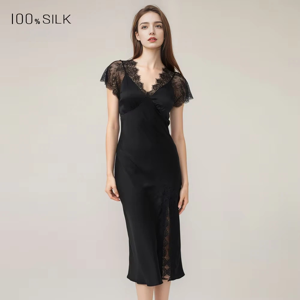 女性用セクシーレースシルクナイトドレス 19匁マルベリーシル - Lace Dress のレビューと価格