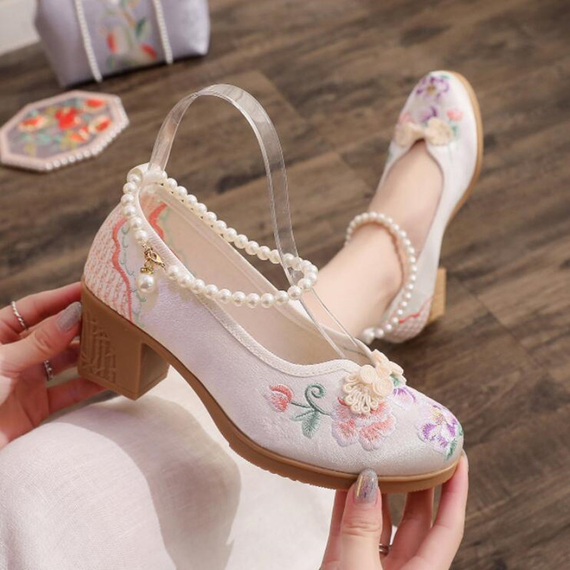 女性のための足首までの長さのアンクルストラップ,ビーズ,刺繍 - Pump Heel Block のレビューと価格