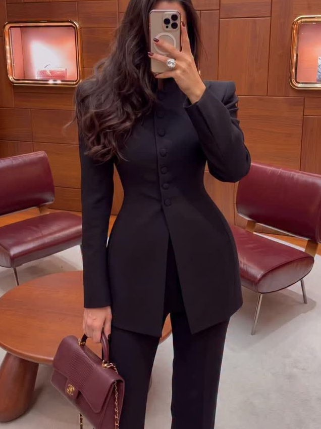 レディース 2ピーススーツ、マンダリンカラーのロングブレザー - Womens Blazer のレビューと価格