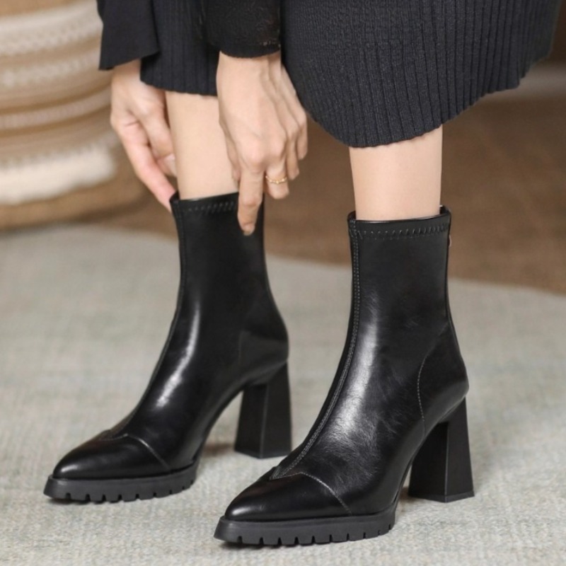 ポインテッドトゥ フレンチ タイトブーツ ストレッチブーツ  - Pump Heel Block のレビューと価格