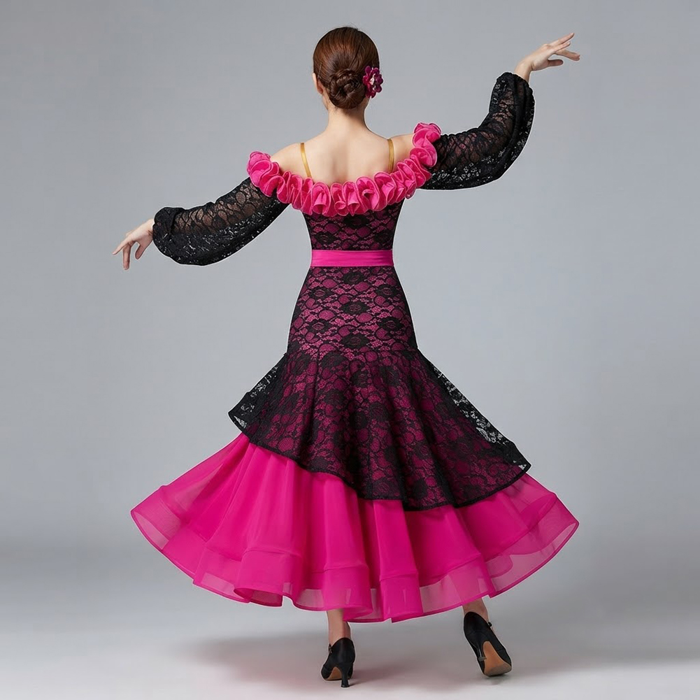 女性用 ローズレッド ボールルームダンス コントラストレース - Women'S Red Formal Wear のレビューと価格