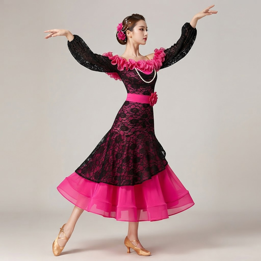 女性用 ローズレッド ボールルームダンス コントラストレース - Women'S Red Formal Wear のレビューと価格