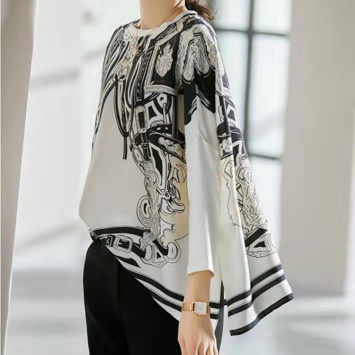 女性用ドレープ効果のあるシルクトップ、レトロなプリントのルー - Silk Blouse のレビューと価格