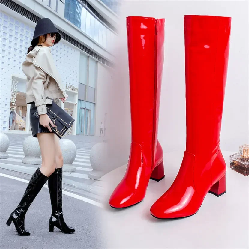女性のための赤と白のパテントレザーニーハイブーツ,ブロックヒ - Women'S Red Formal Wear のレビューと価格