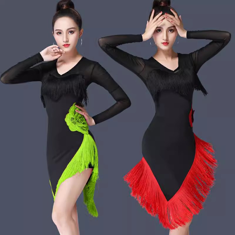 長袖ドレス、レディース、大きな赤い花柄、タッセル付き、ダンス - Women'S Red Formal Wear のレビューと価格