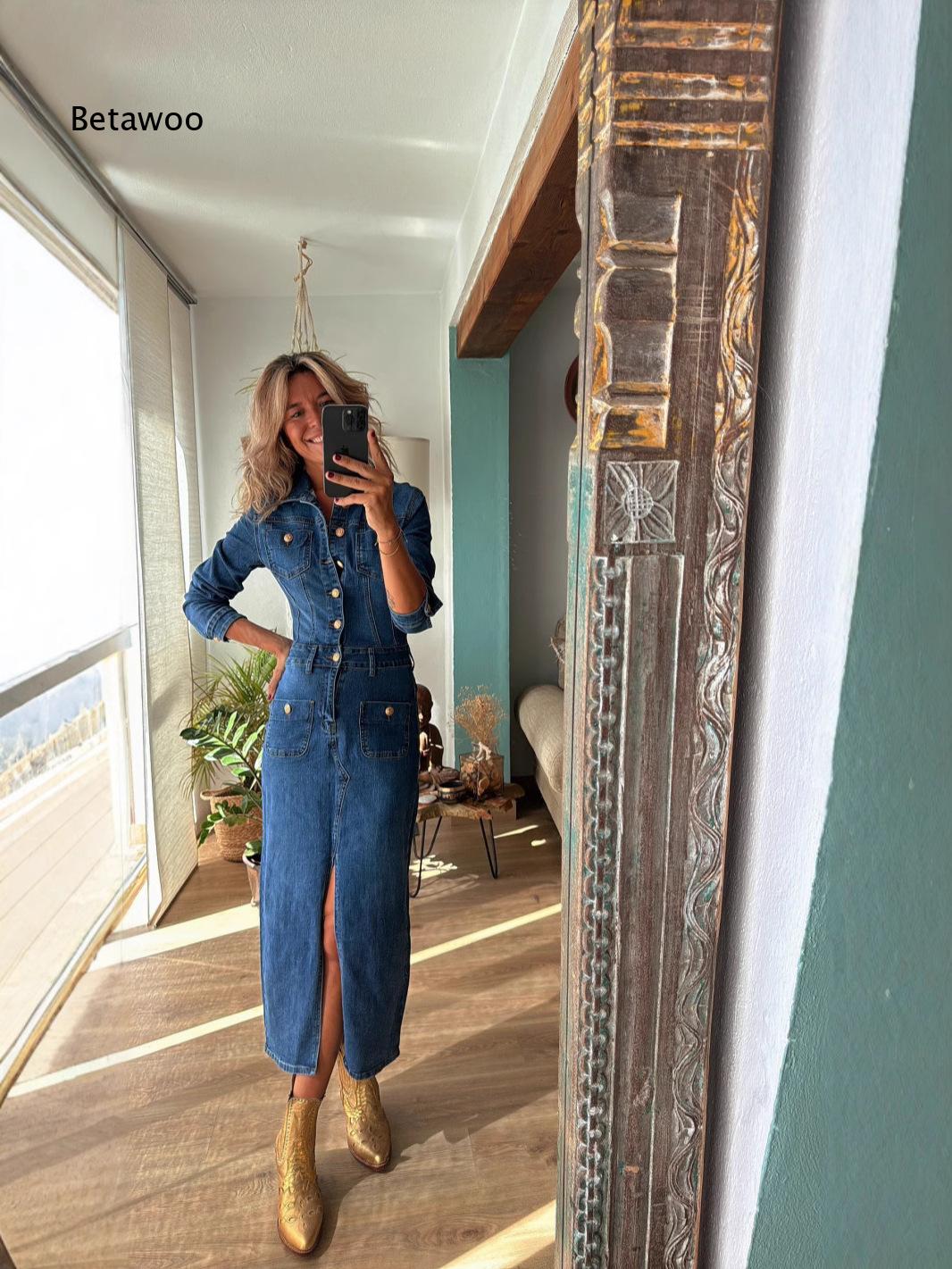 レディース用、黒のデニムミディ丈ワンピース。長袖、折り返した - Midi Dress のレビューと価格