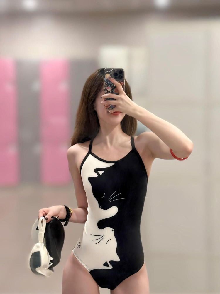 ブラックホワイト子猫プリント女性用ワンピース水着レーサーバッ - Womens Suit のレビューと価格