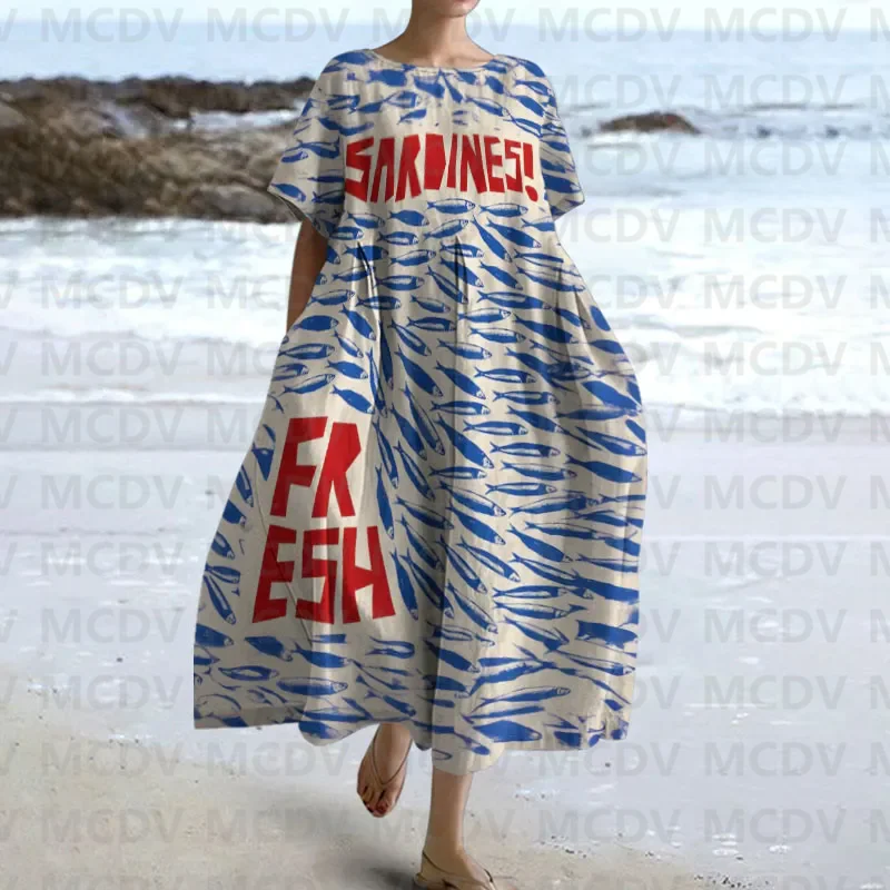 女性の日本のヴィンテージフィッシュアートプリントミディドレス - Midi Dress のレビューと価格