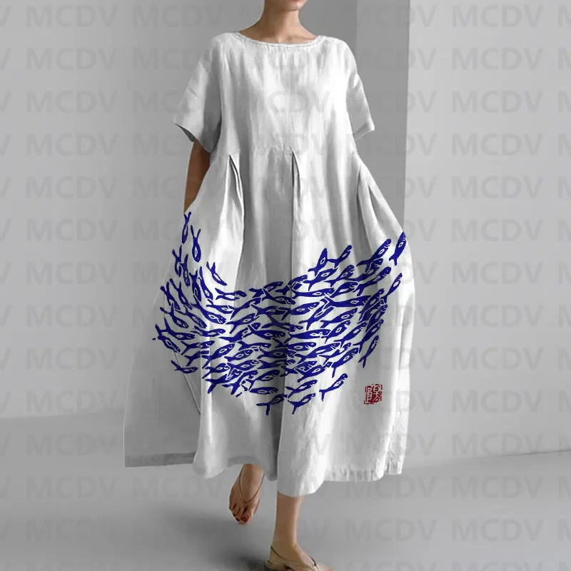 女性の日本のヴィンテージフィッシュアートプリントミディドレス - Midi Dress のレビューと価格