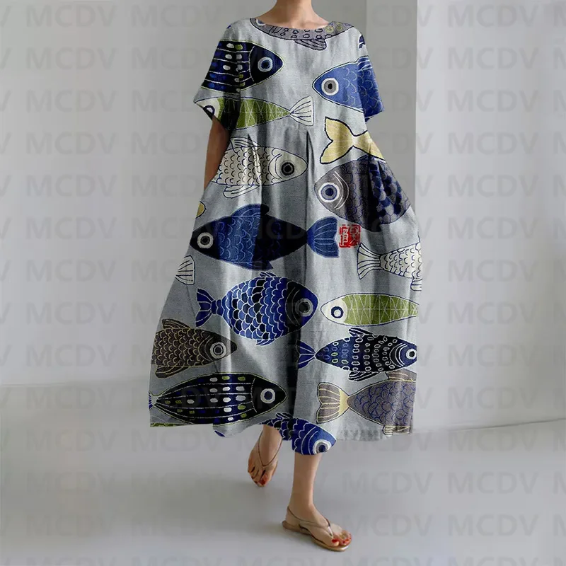 女性の日本のヴィンテージフィッシュアートプリントミディドレス - Midi Dress のレビューと価格
