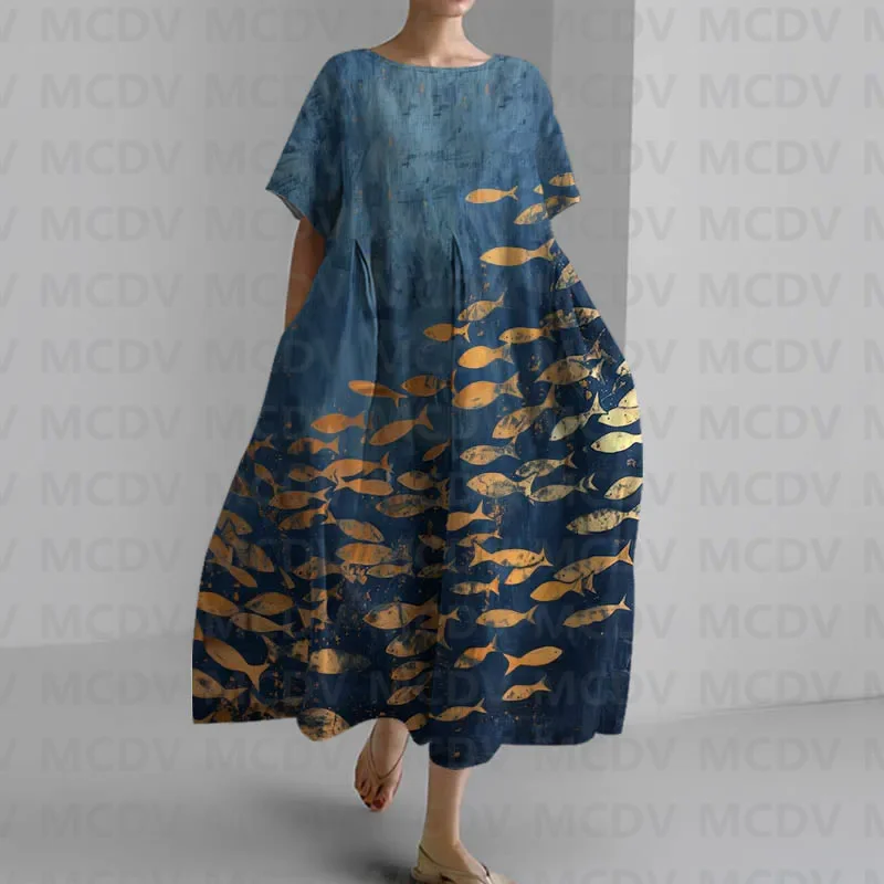 女性の日本のヴィンテージフィッシュアートプリントミディドレス - Midi Dress のレビューと価格