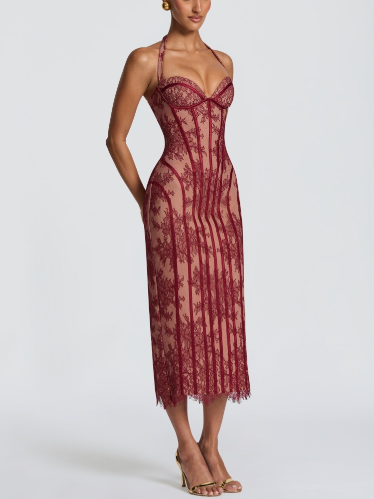 ホルタースイートハートバーガンディレースミディドレス女性コル - Midi Dress のレビューと価格