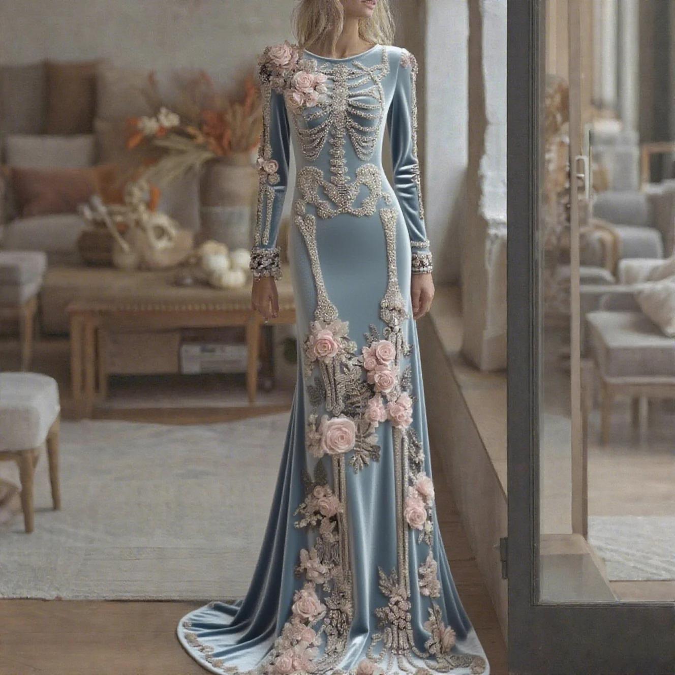 2026年新作、女性用、スケルトン柄と花柄の組み合わせ、人魚 - Evening Gown のレビューと価格